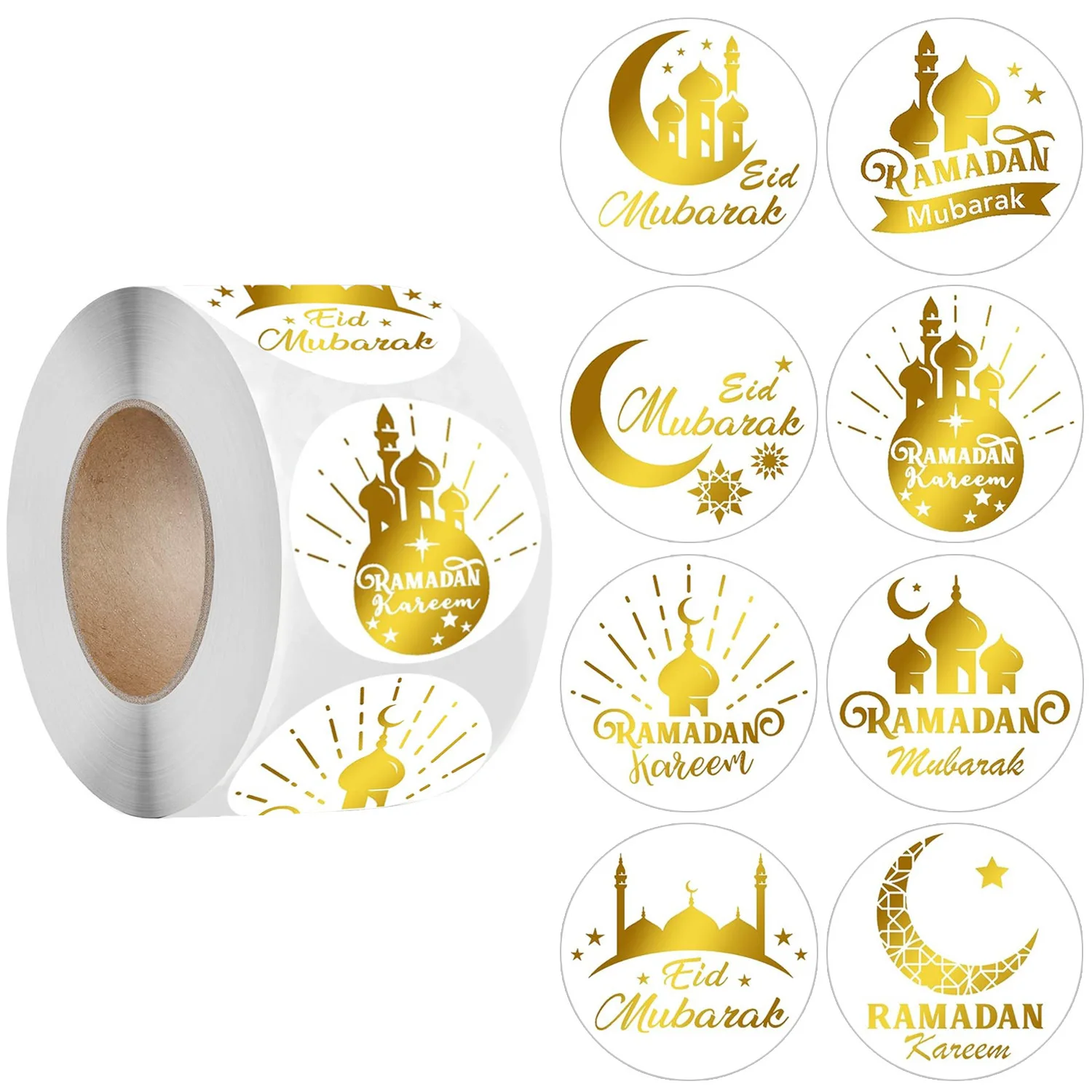 500pcs White Gold EID Mubarak Stickers Ramadan Kareem Gift Box Seal Lables Candy Bag Decoration Islamic Muslim Party supplies