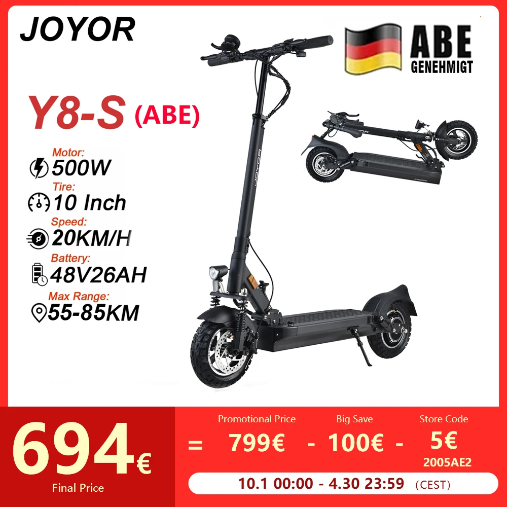 JOYOR Y8-S Electric Scooter 500W EScooter 48V 26 Ah Speed 20km/h Range 55-75km 10” Inflatable Tires Electric Scooters with ABE