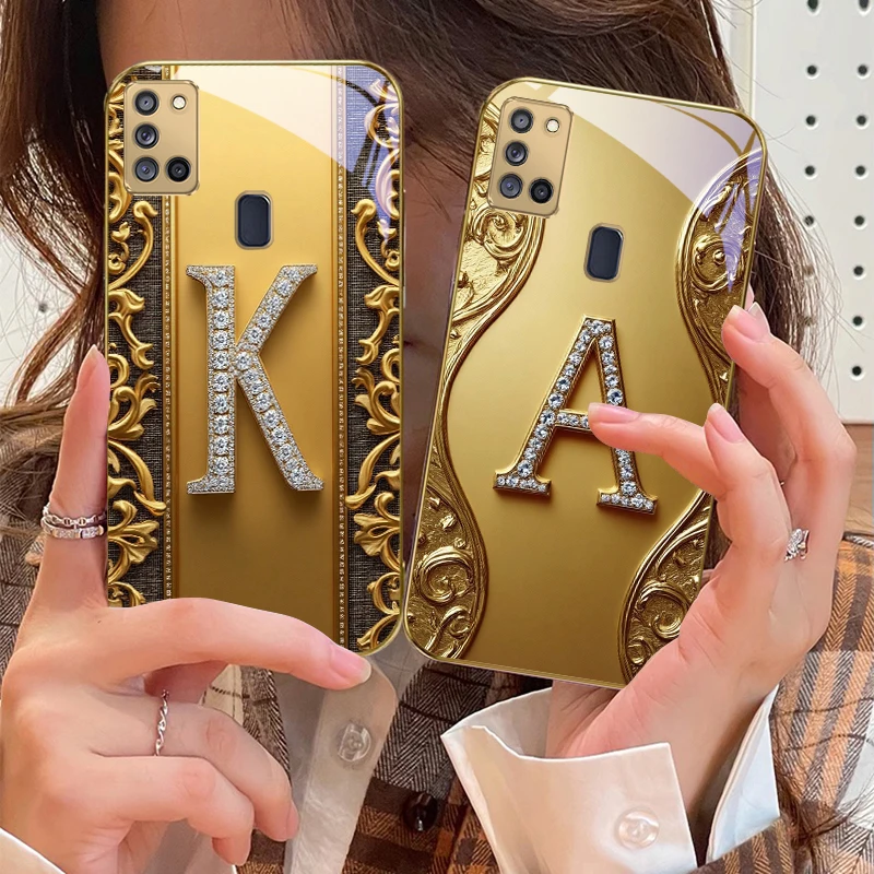 ダイヤモンドがちりばめられた「K」付きゴールデンガラス製スマ - Phone Cases A14 Samsung のレビューと価格