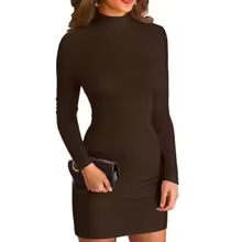 Bodycon Mini Dress for Women Mock Neck Ribbed Long Sleeve - Coffee