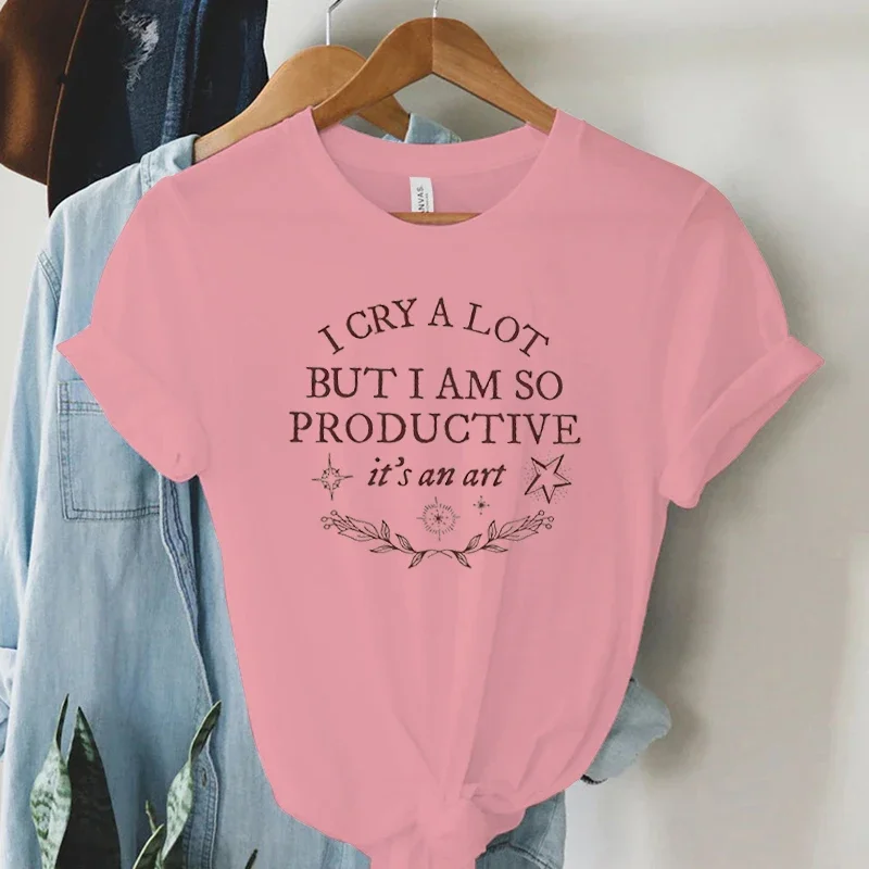 TTPD Album T-shirts Women's I Cry A Lot But I Am So Productive Print T Shirt Short Sleeve Casual Tees Mental Health Music Tshirt