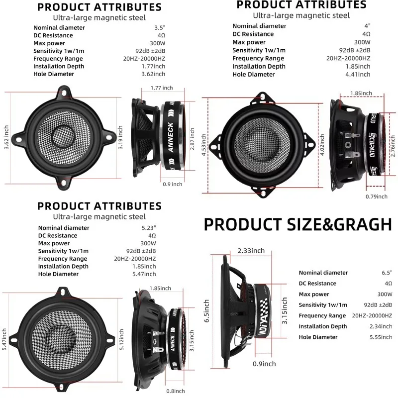 2 Pcs 3.5/4/5.25/6.5 Inch Midrange Bass Speaker Peak 300W 4 Ohm Carbon Fiber Basin HIFI Universal Subwoofer For Car Speakers view 6
