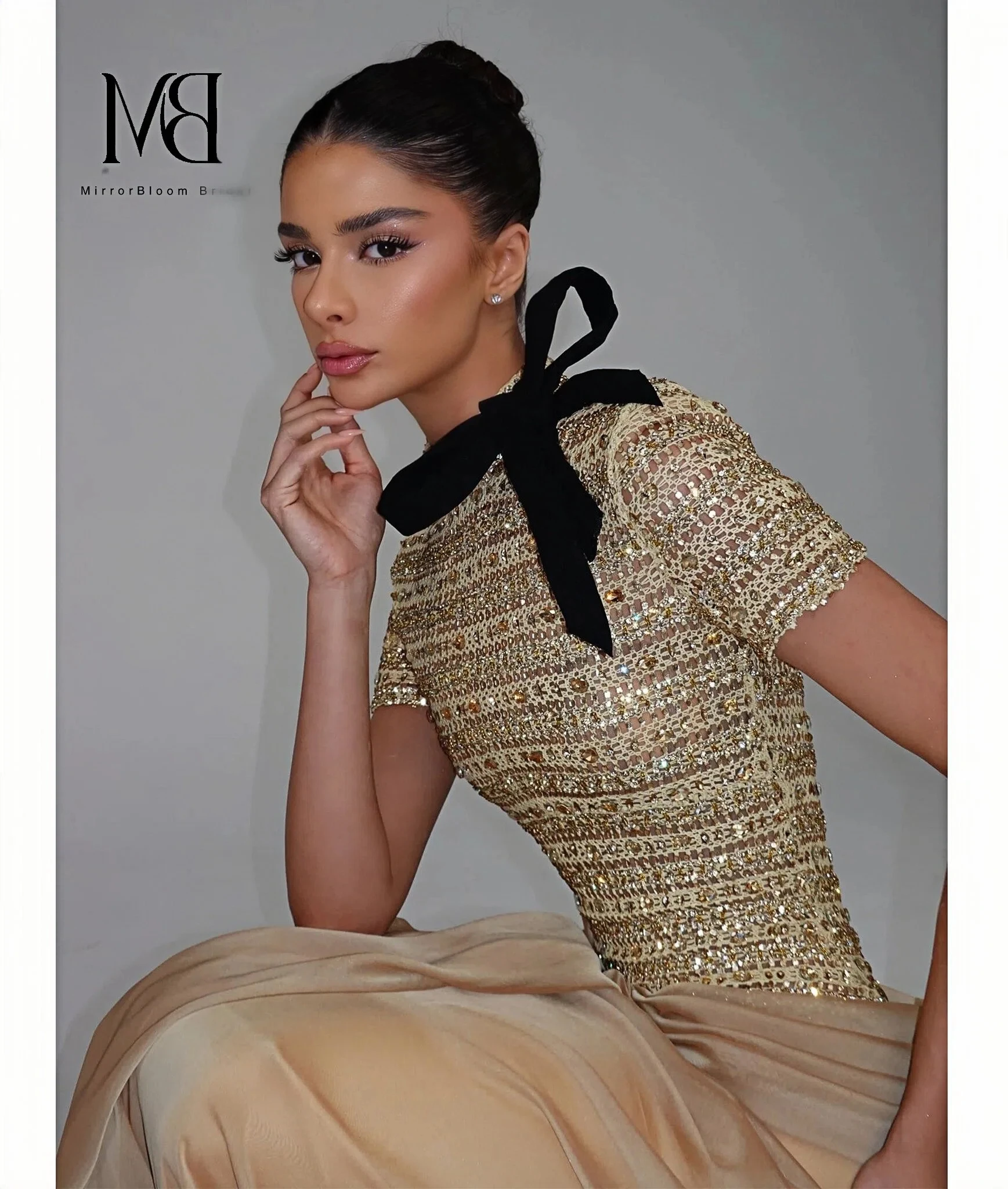 Elegant Champagne High Neck Sequin Bow Satin Draped Formal Dress Prom Gown Evening Dresses Floor Length Pleated Customized