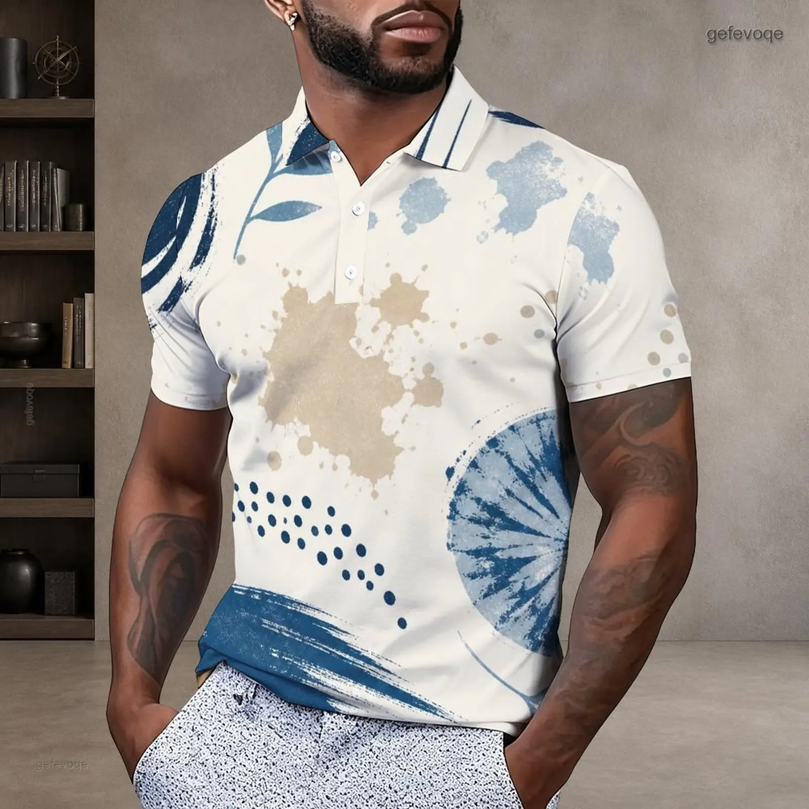 Short Sleeve Collared Neck Button Placket Printed Polo Shirt for Men
