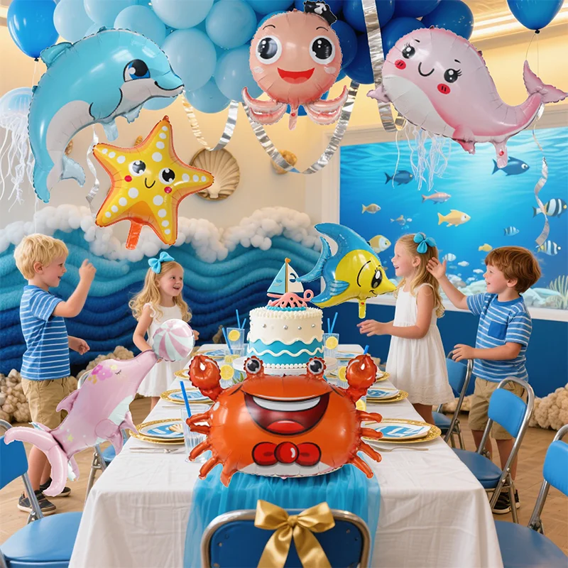 9-teiliges Set Meereslebewesen Folienballons Muschel Krabbe Seepferdchen Wal Ballon Kindergeburtstag Dekoration Kindertag Geschenk Spielzeug