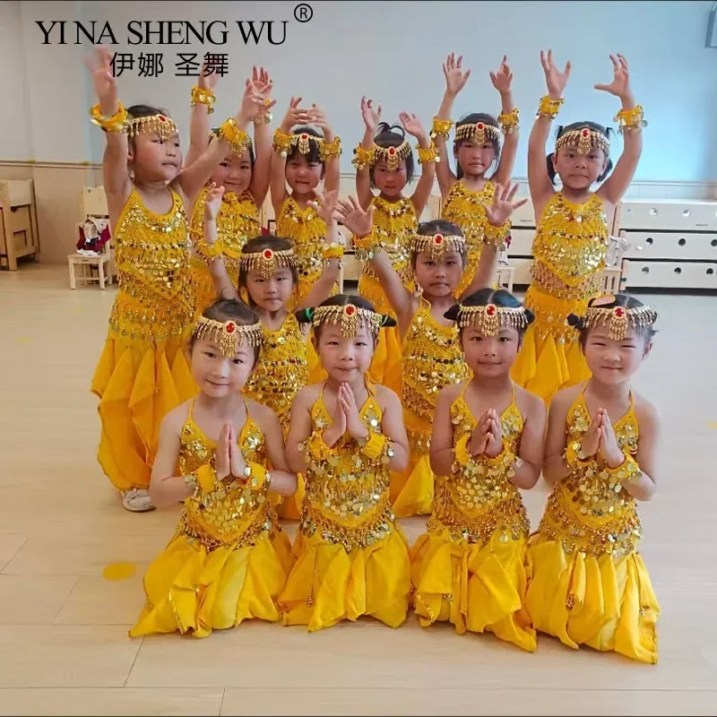 

Египетская индийская Болливудная одежда для танца живота, комплект из 7 предметов для танца живота, костюм для детей, восточная индийская одежда сари для девочек