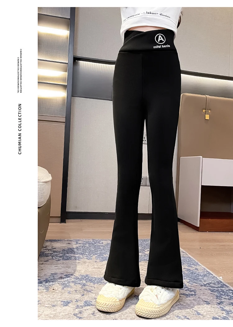 Kinder-Winter-Schlaghose für Mädchen, Warme Lässige Boot-Cut-Thermohose mit Fleecefutter, Dicke Isolierte Jogginghose in Schwarz für Kinder 5-14 – Detail 9