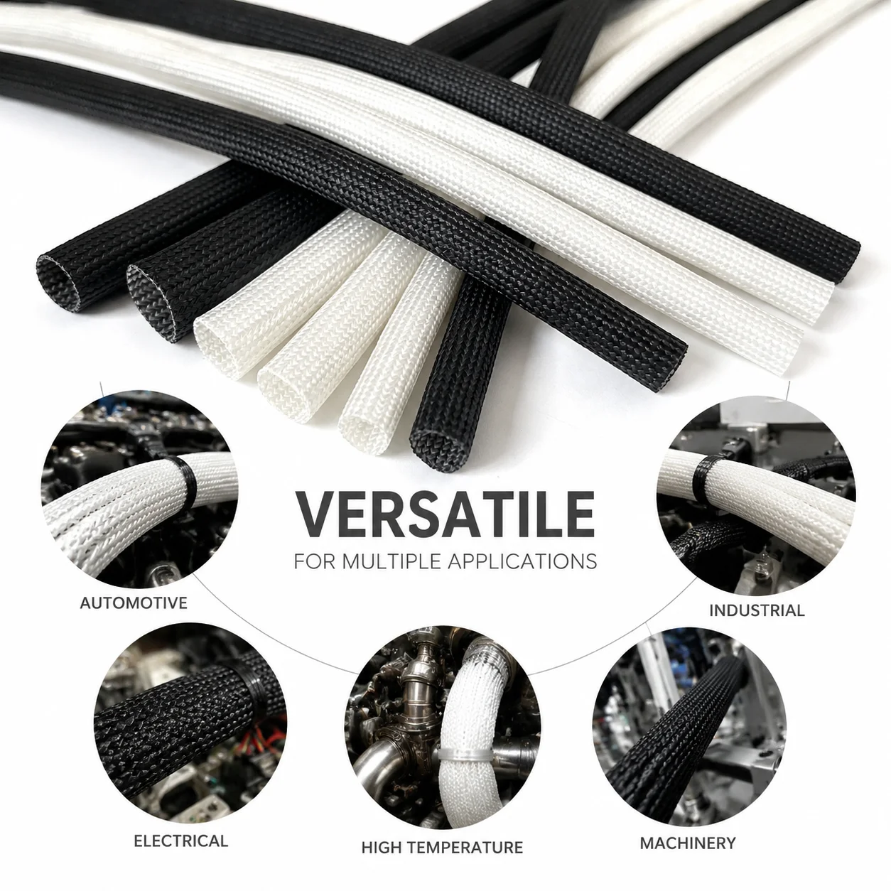 Black/White 1/2/3/510M 600 degree glassfiber sleeve ID 0.5-35mm Corrosion resistant cable insulation protection pipe