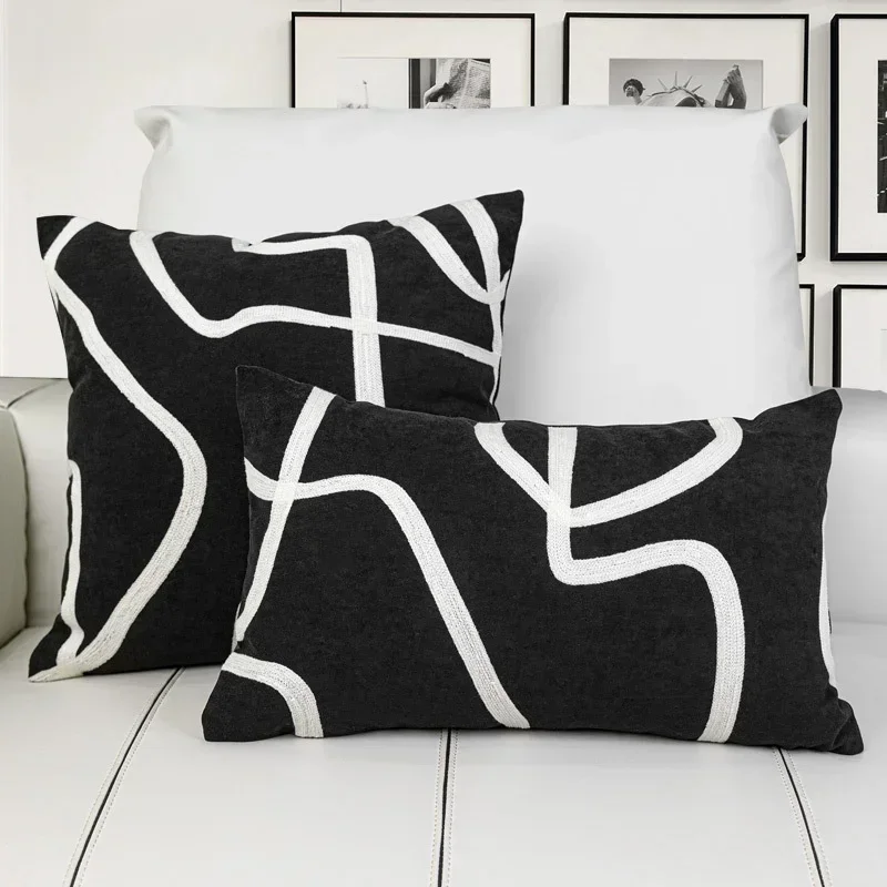 

Black Beige White Suede Pillow Cover Lines Abstract Art Embroidered Pillow Case Modern Bedroom Sofa Decorative Cushion Covers