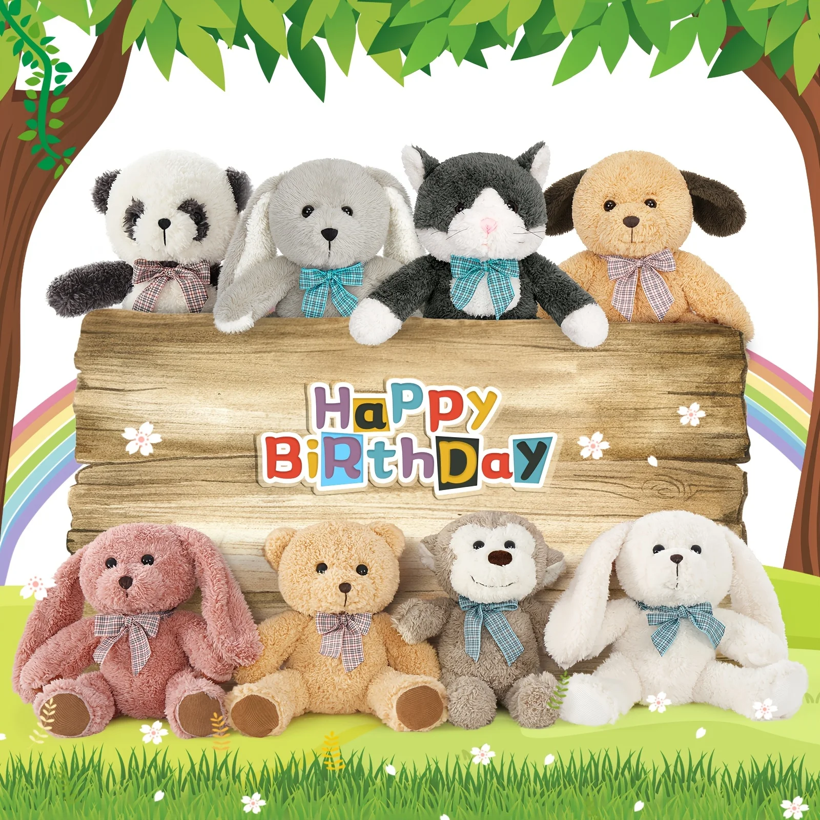 8-teiliges Plüschtier-Set für Jugendliche – 33 cm weiche Polyester-Stofftiere, einschließlich Bär, Hund, Katze, Panda, Affe und Hasen