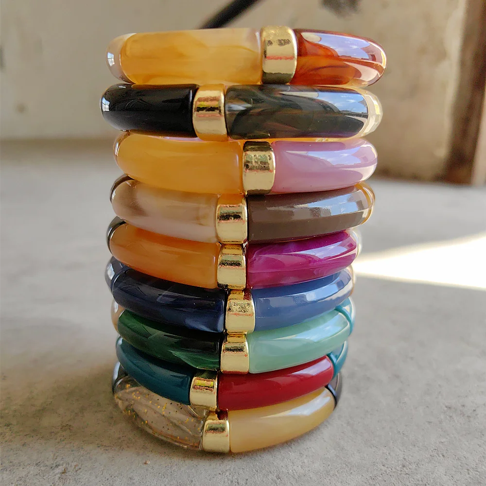 New Bohomia Acrylic Colorful Bamboo Stackable Chunky Bracelet for Women Boho Elastic Tube Beads Braceletes 2024 Fashion Jewelry