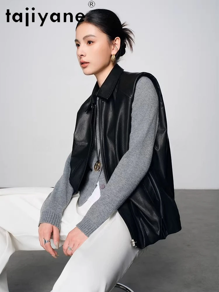 TAJIYANE 本物の羊皮ベスト女性スタイリッシュなノースリーブレザーコートショートリアルレザージャケット 2025 秋の女性服 신상아우터