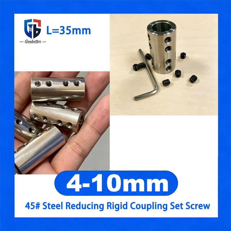 1Pc Bore 4/5/6/6.35/7/8/10mm 45# Steel Reducing Rigid Coupling Set Screw Lengthen Type High Torque Motor Shaft Connector L35mm