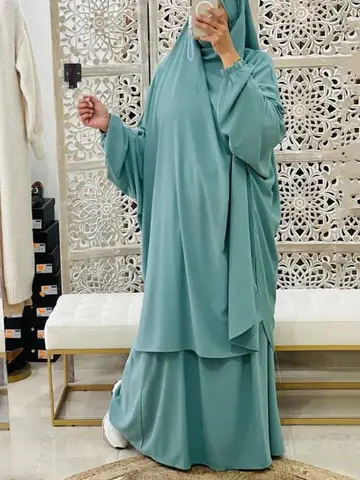라마단 2피스 긴 키마르 세트 아바야 – 무슬림 여성 기도복, 두바이 및 사우디 스타일 기도 원피스, 2피스 스커트 세트, 이드 니카브 및 질밥 포함