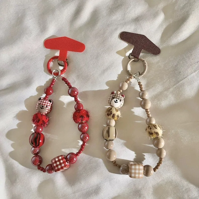 

Cute Plaid Teddy Bear Phone Chain Leopard Print Fur Ball Fashionable Wrist Chain