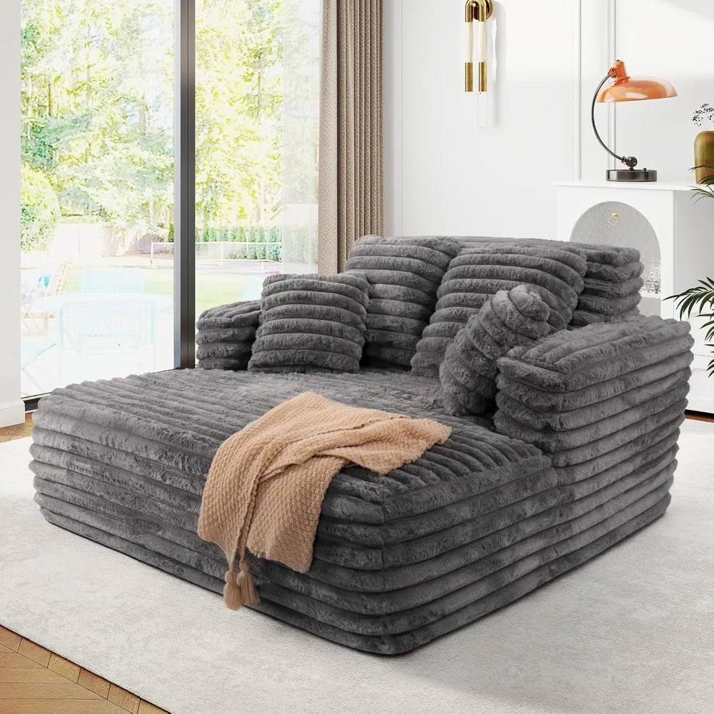 56"W Übergroßer Chaiselongue-Stuhl für den Innenbereich, Plüsch-Kunstfell-Schlafsofa, Couchbett mit Kissen und breiter Armlehne, flauschiges, bequemes Cloud-Sofa