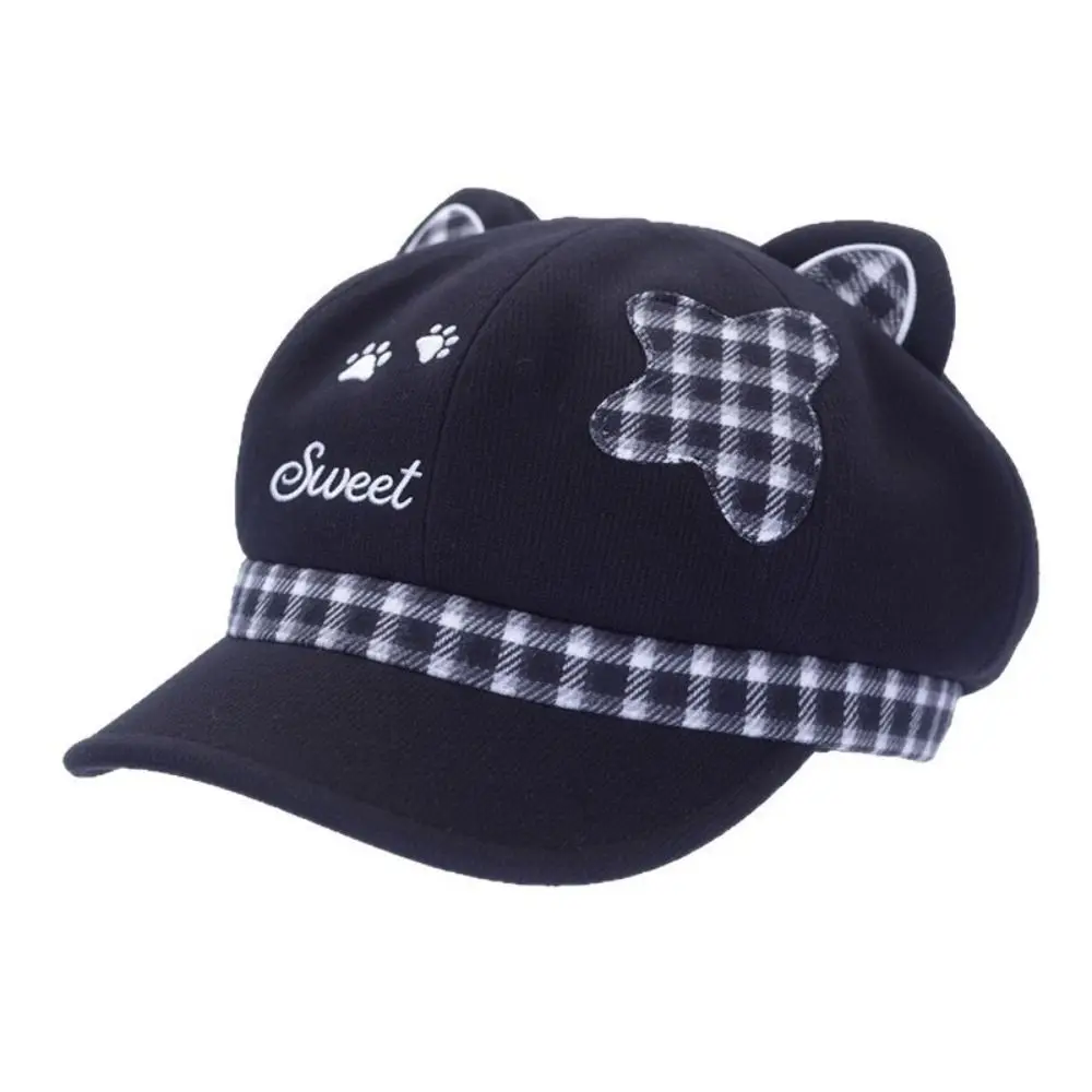 Katzenpfotenmuster, Katzenohren, Baskenmütze, Herbst- und Wintermütze, kariert, Damen, achteckige Mütze, Y2k Streetwear, Schirmmütze, Punk, Goth – Detail 3