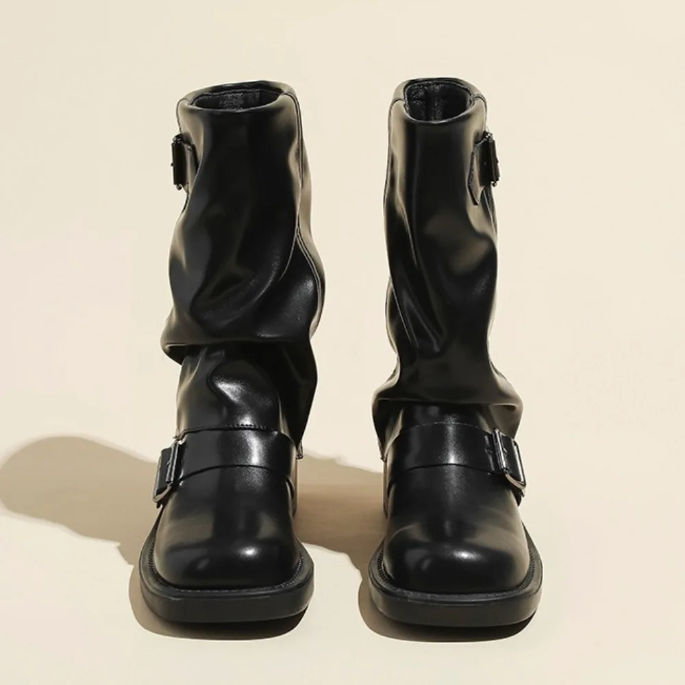 

Autumn Winter Retro Round Head Sleeve Trouser Tube Boots Womens Belt Buckle Pleated Pile Boot Thick-soled Medium Boots Mid-Calf