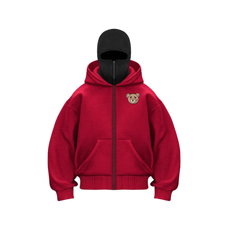 Unisex Double Hooded Fleece Sweatshirt Men Balaclava Hoodie Half Zip Warm Outfit Fall Winter Men Clothing Double Layered Hoodie