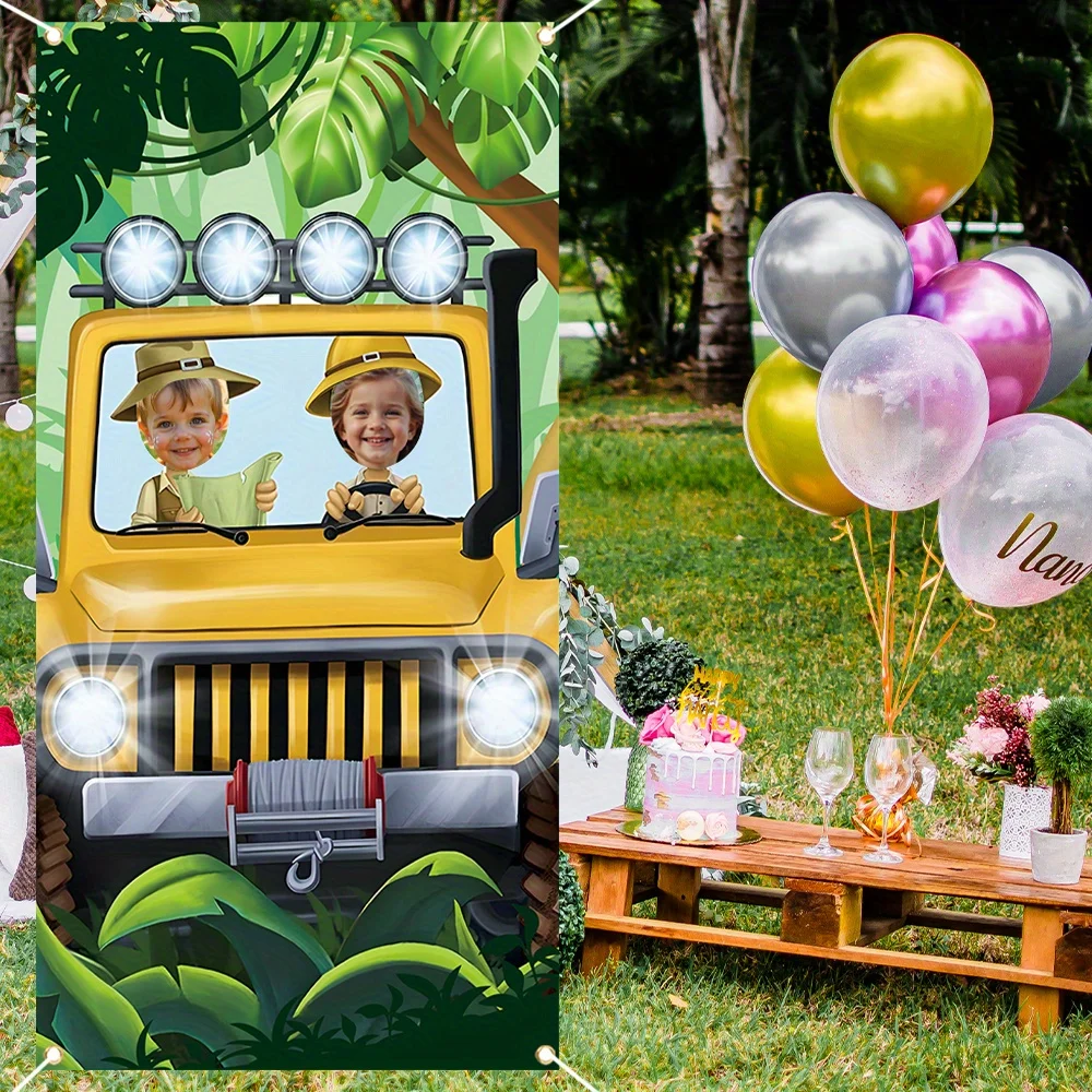 لافتة باب لصور سفاري الغابة من الفينيل، خلفية سفاري، خلفية مغامرة، لعبة الغابة المضحكة، لوازم ديكور حفلات أعياد الميلاد للأطفال #1