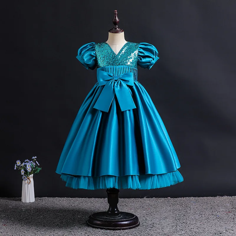 Vestidos de Boutique para niños, vestido de princesa de satén con lazo de lentejuelas para niñas, vestido de fiesta de graduación y boda, ropa nueva para niñas