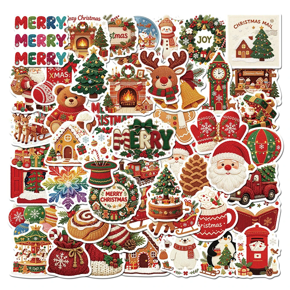 10/30/50pcs Knitted Style Christmas Element Stickers Cute Santa Claus Elk Cartoon Sticker Scrapbook Suitcase Phone Decals Decor