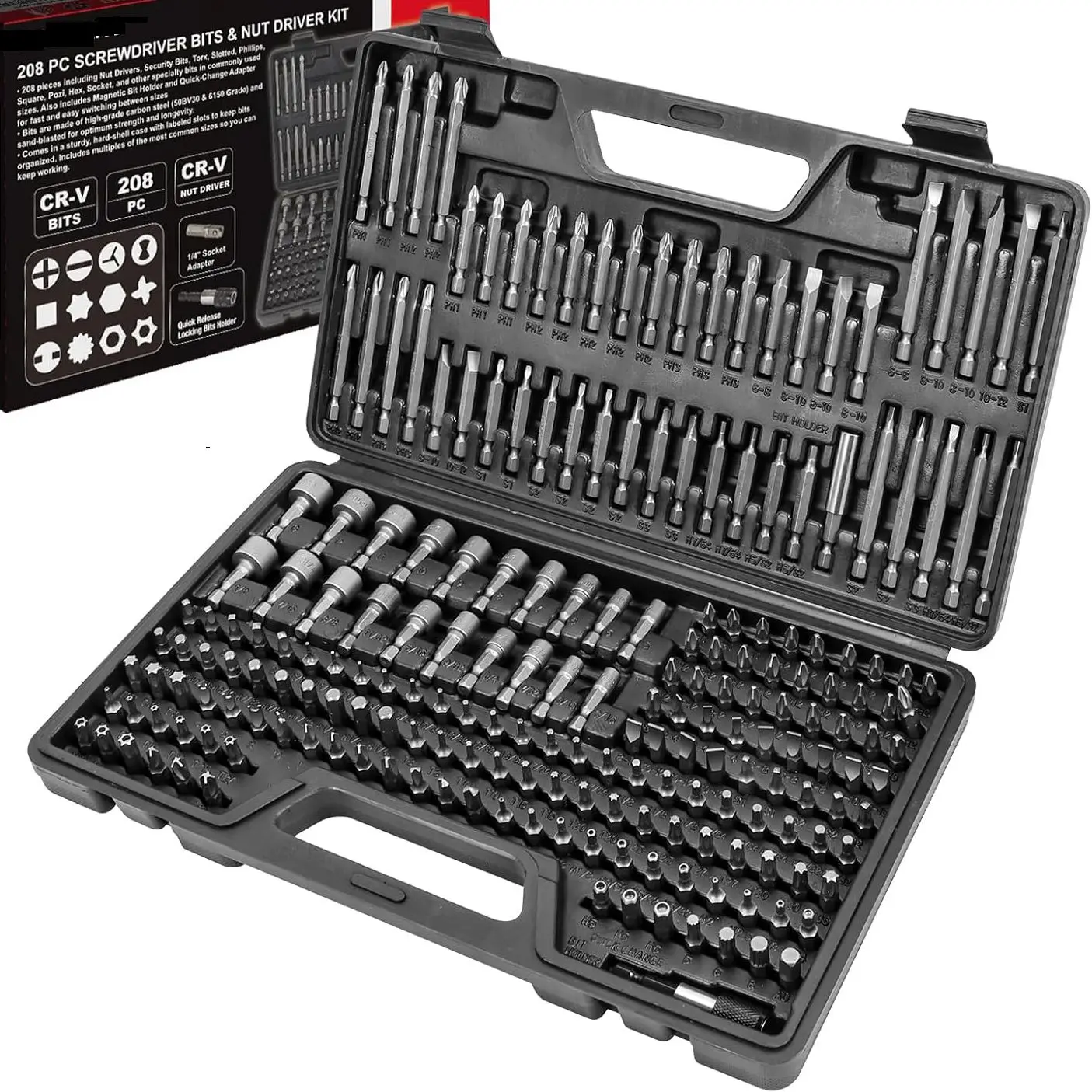 مجموعة لقم مفك براغي رئيسي مكونة من 208 قطعة، لقم مفك براغي سداسية مقاس 1/4 بوصة، مفك صامولة ومجموعة لقم أمان