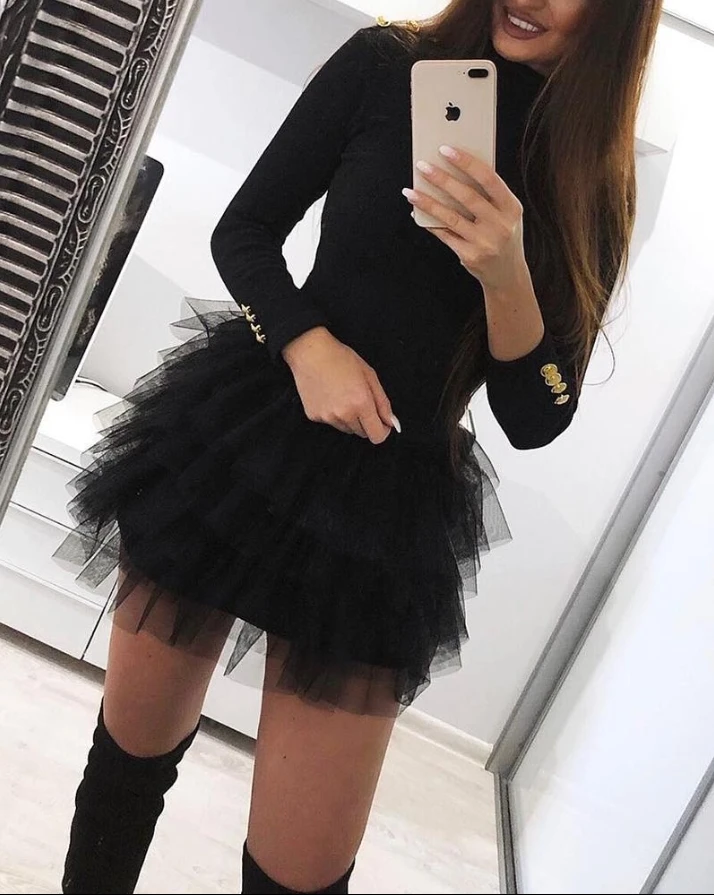 

Women's Dress 2024 Spring Summer Latest Round Neck Layered Ruffles Mesh Long Sleeve Party Mini Dress Long Sleeve Skinny Skirt