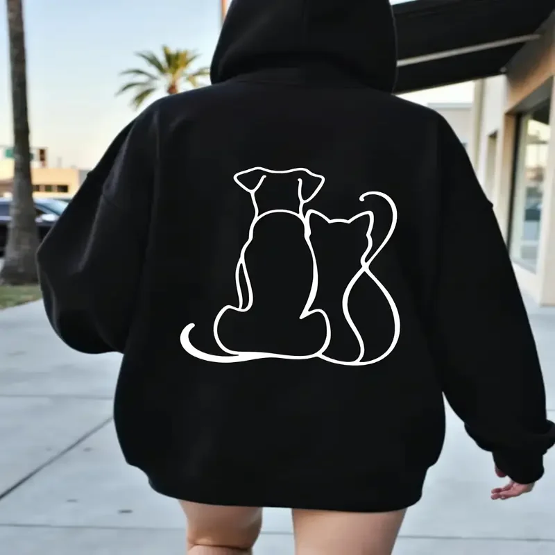 Long Sleeve Hoodie Sweatshirt Front Pocket Cozy Casual Pullover Fall Winter Season Daily Wear Womens Cat Dog Print Streetwear
