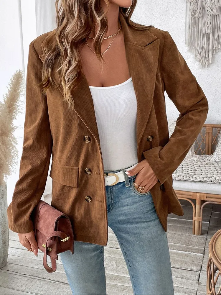 

New Fashion Autumn Winter Casual Solid Long Sleeve Corduroy Women's Suit Jacket, Vintage Loose Outwear Blazers, Female Clothing