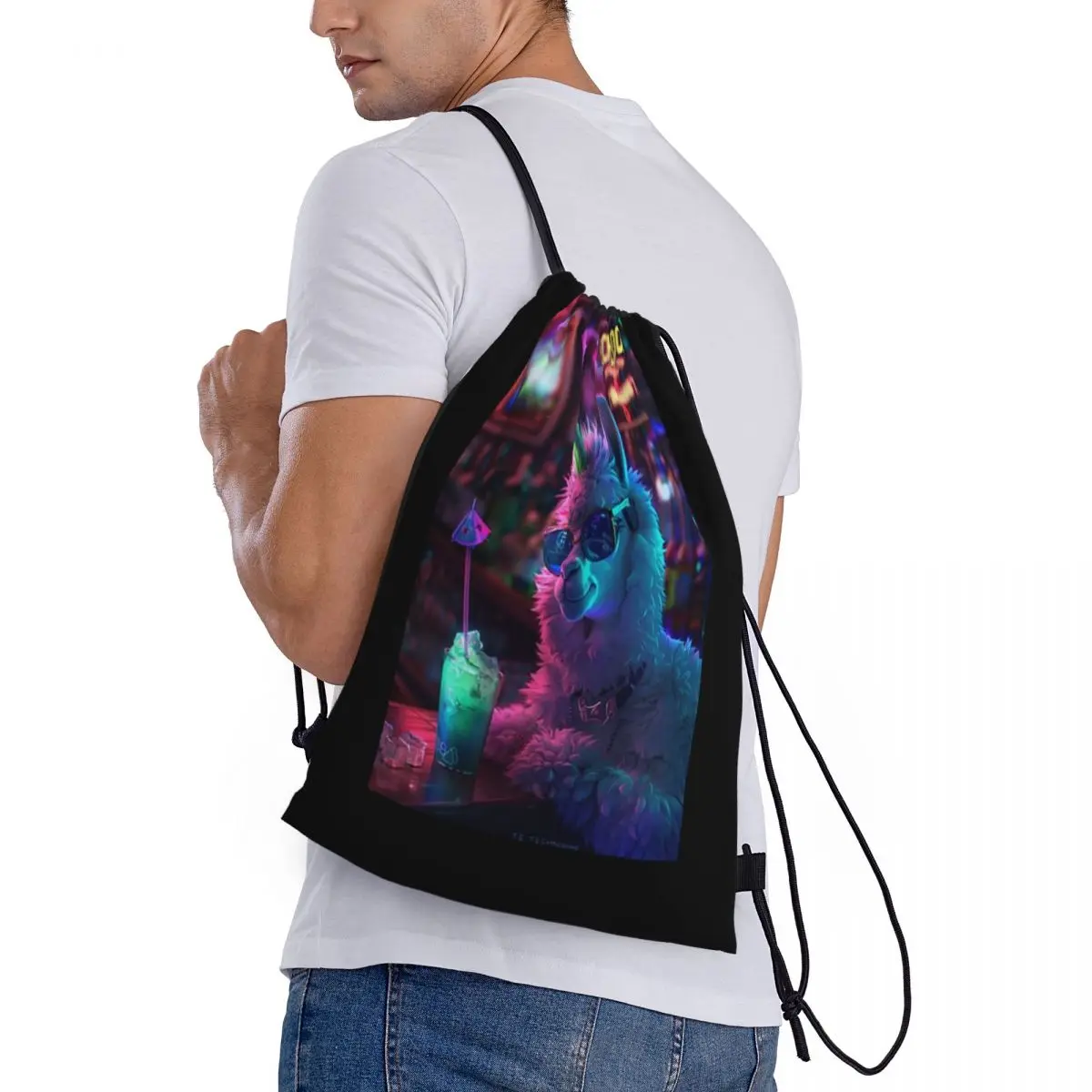 Drawstring bag Storage Portable Handbags Techno Llama Party - TECHNODOME Grocery Shopping Shoulder bags foldable Travel Bag