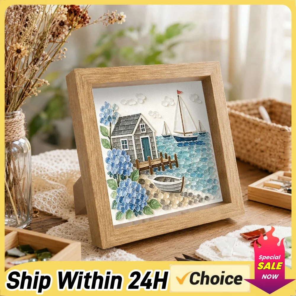 Diy Sea Glass Art Kit Timeless American Destinations Ocean Themed Acrylic Mosaic Craft with Wooden Frame Desk Landscape Decor