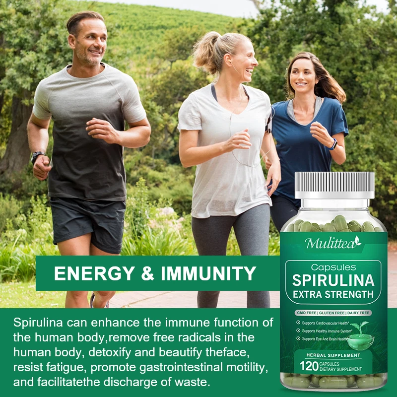 Mulittea cápsulas de espirulina de alta pureza, supercomida verde, soporte para el corazón, salud Cardiovascular para los ojos y el cerebro