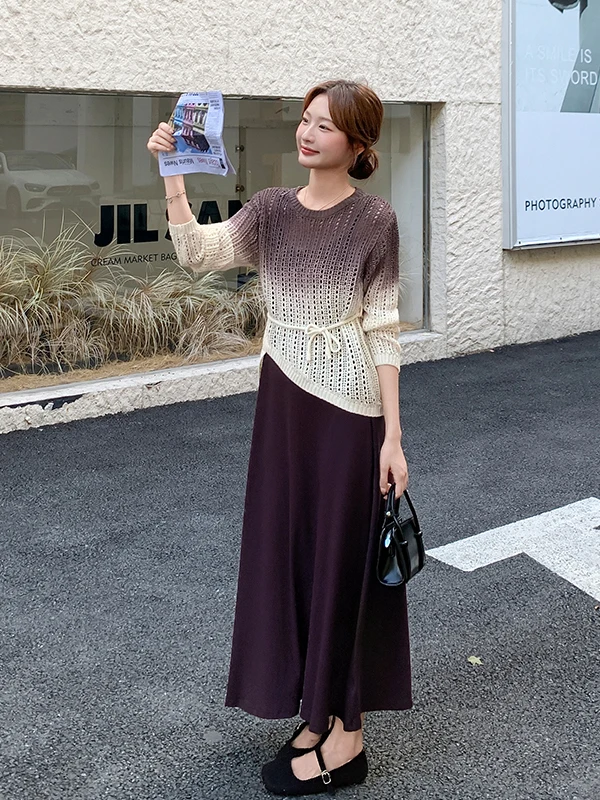

Women's adient Color Hollow out Strap Dr Two-Piece Set Slimming Long Skirt High Waist Faionable Autumn Outfit