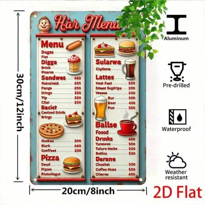 2D Flat, Vintage Diner Menu Board - Retro 1950s American Restaurant Decor - Heavy-Duty Metal - 8x12 Inch Large Wall-Mountable Fo