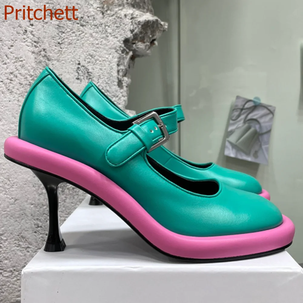 Round Toe Mixed Color Women Pumps Stiletto Heels Buckle Strap Cover Heel Belt Buckle Fashion Party Women Shoes 2023 New Arrivals