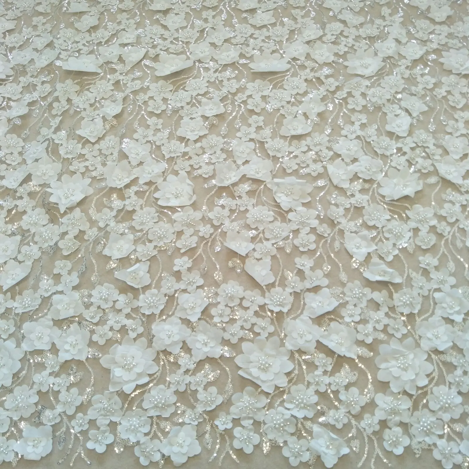 Fashion 3D lace fabric fabric 130cm width ivory beading lace sell by yard