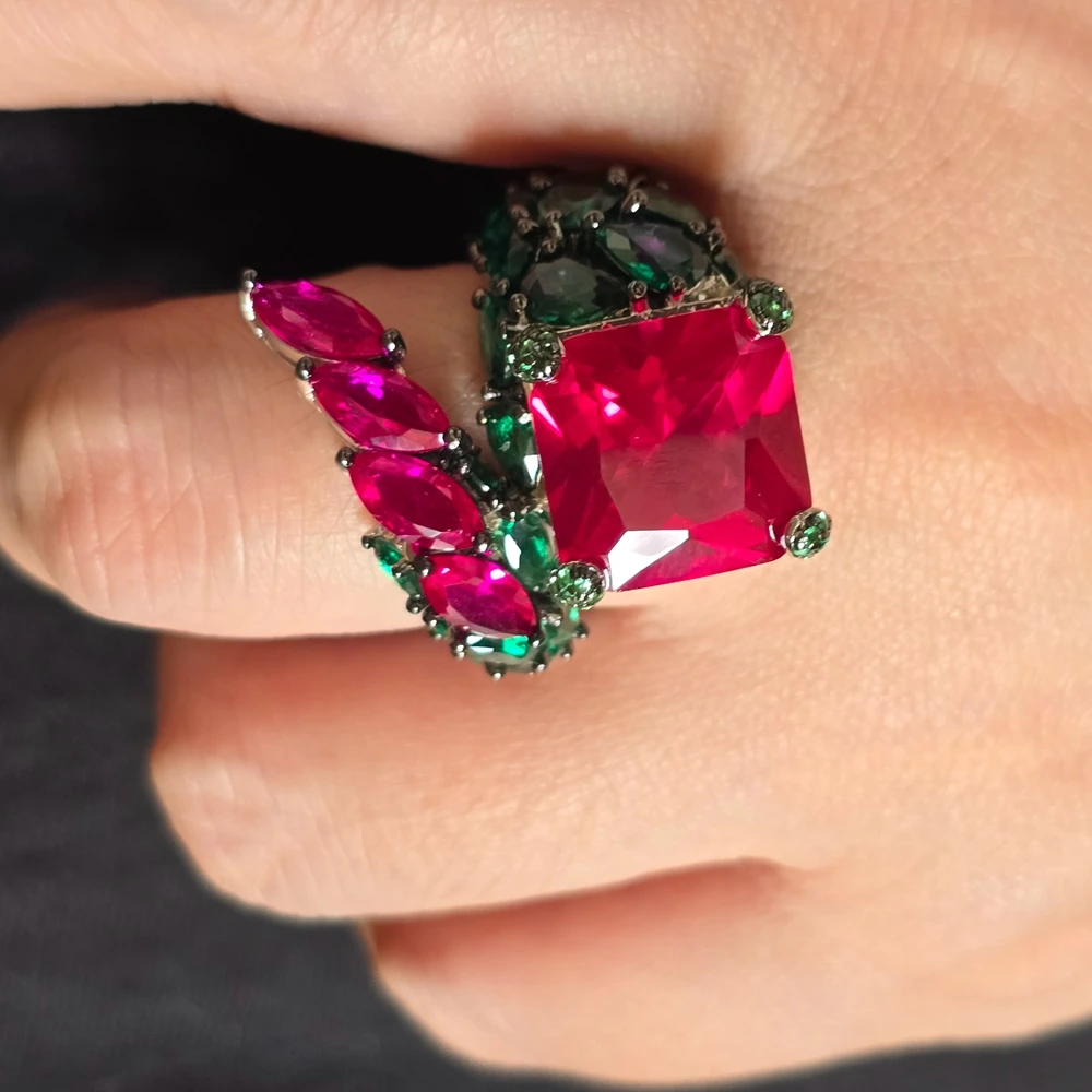 KQDANCE Luxury Solid 925 Sterling Silver Square Red Stone Created Green Emerald Ruby Gemstones Feather Cocktail Rings For Women