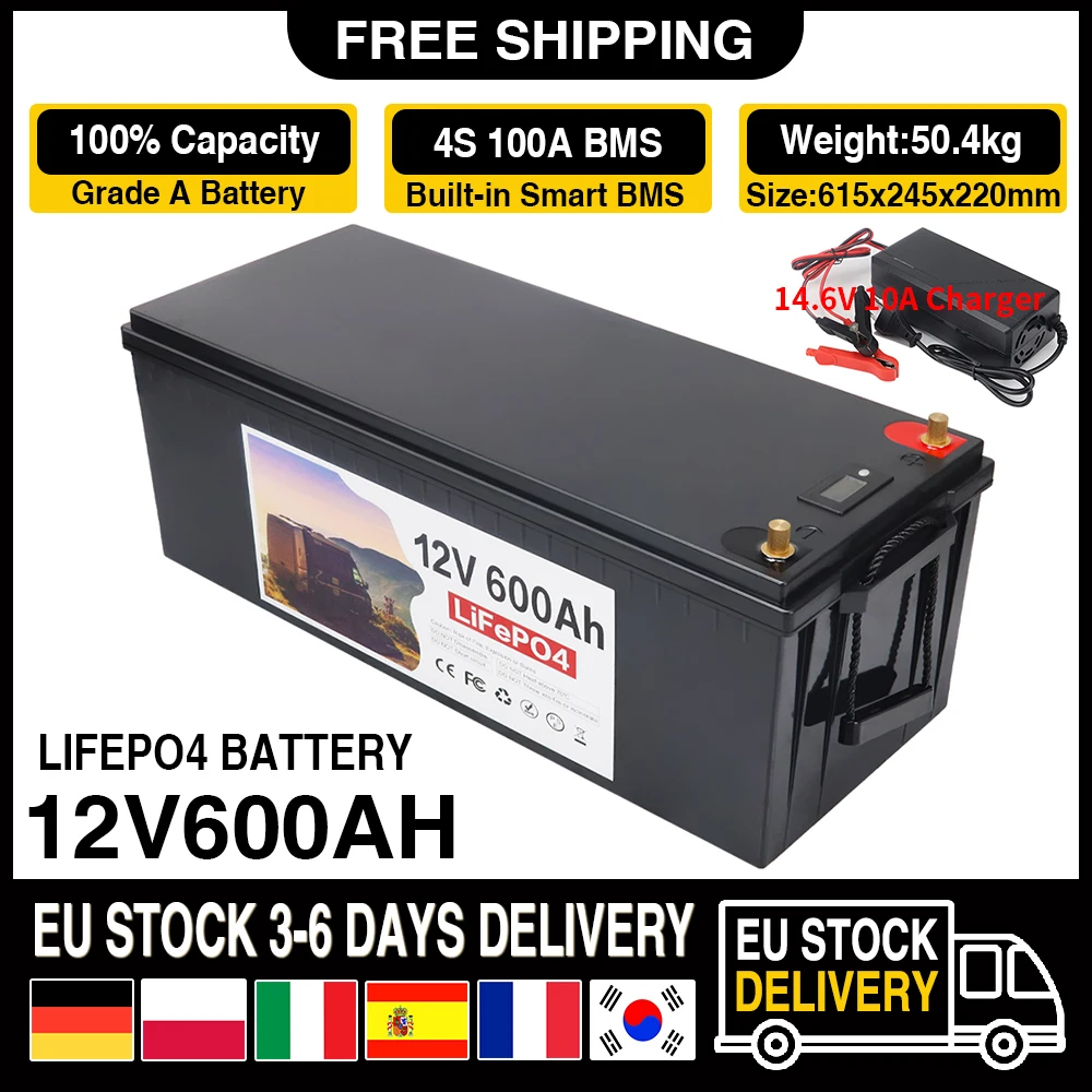 12V LiFePO4 Battery 600Ah 500Ah 150Ah 100Ah 50Ah Built-in BMS Lithium Iron Phosphate Cell For Golf Cart Solar Storage + Charger