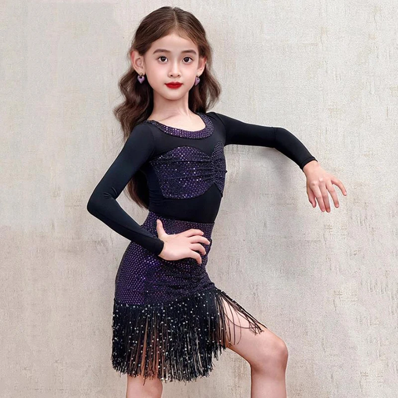Costume de danse latine pour enfants filles, body brillant à manches longues et jupes à paillettes et pompons, ensemble de pratique de Performance Rumba Chacha