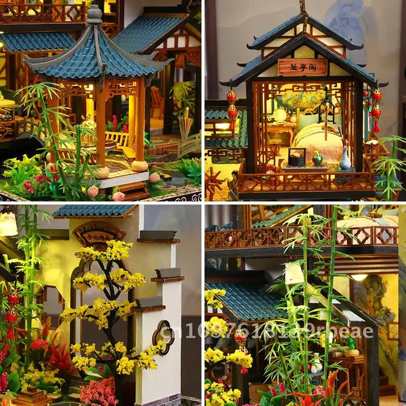 DIY Holz chinesische alte Villa Miniatur Bausätze Puppenhäuser mit Möbeln Casa Puppenhäuser für Freunde Geburtstagsgeschenke