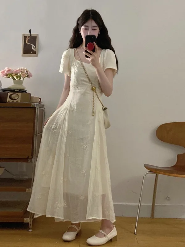 

plus Size Women's Embroidered Floral ort Sve A-Line Dr Square Ne Summer New Sle Waist Cinching Meat Concealing Dr