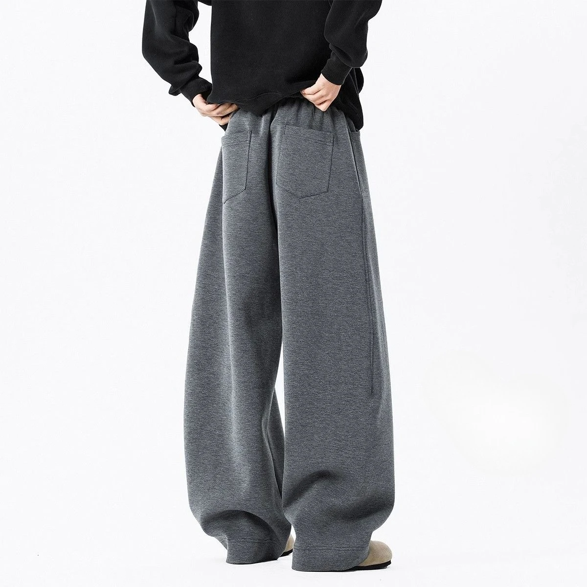 

Spring Autumn Men’s Casual Pants Dark Gray Thick Cleanfit Wide Leg Trousers Long Length Loose Straight Fit for Comfortable Wear