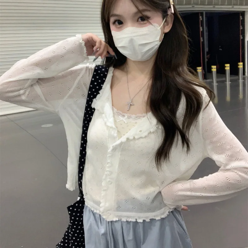 Cardigan Tops Women Korean Popular Hollow Out Thin Sun Protection Knitted Crop Sweaters Summer Chic All-match Loose Long Sleeve