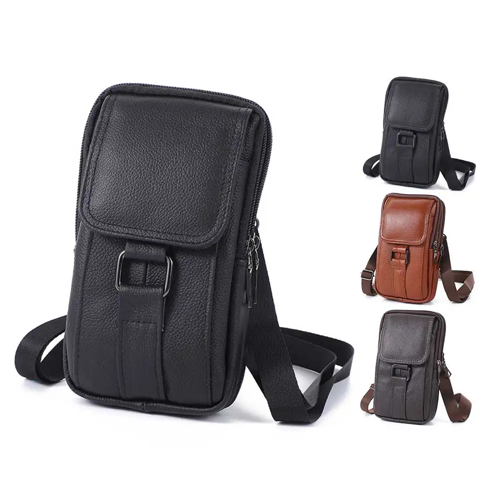 

Portable Fanny Pack Waist Bag Cowhide Leather Cell Phone Belt Pack Fashion Simple Multi-pockets for Outdoor Sport