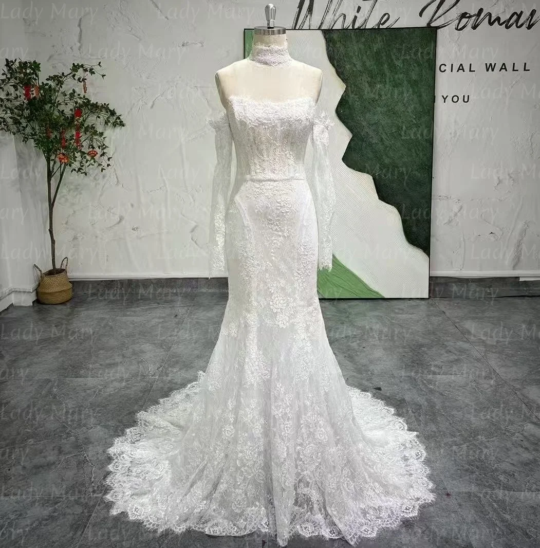 

Customized Vintage Full Lace Wedding Dresses Off The Shoulder Long Sleeves Outdoor Garden Bridal Gowns Trumpet Real Pics Novia