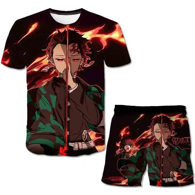 Demon Slayer Cartoon Sets for children Full Print Short Sleeve Elastic Waist Shorts Pajama Set Harajuku Children\'s Suit