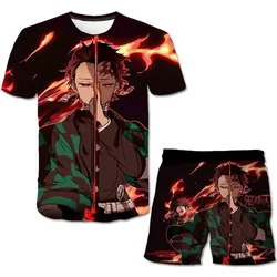 Demon Slayer Cartoon Sets for children Full Print Short Sleeve Elastic Waist Shorts Pajama Set Harajuku Children's Suit