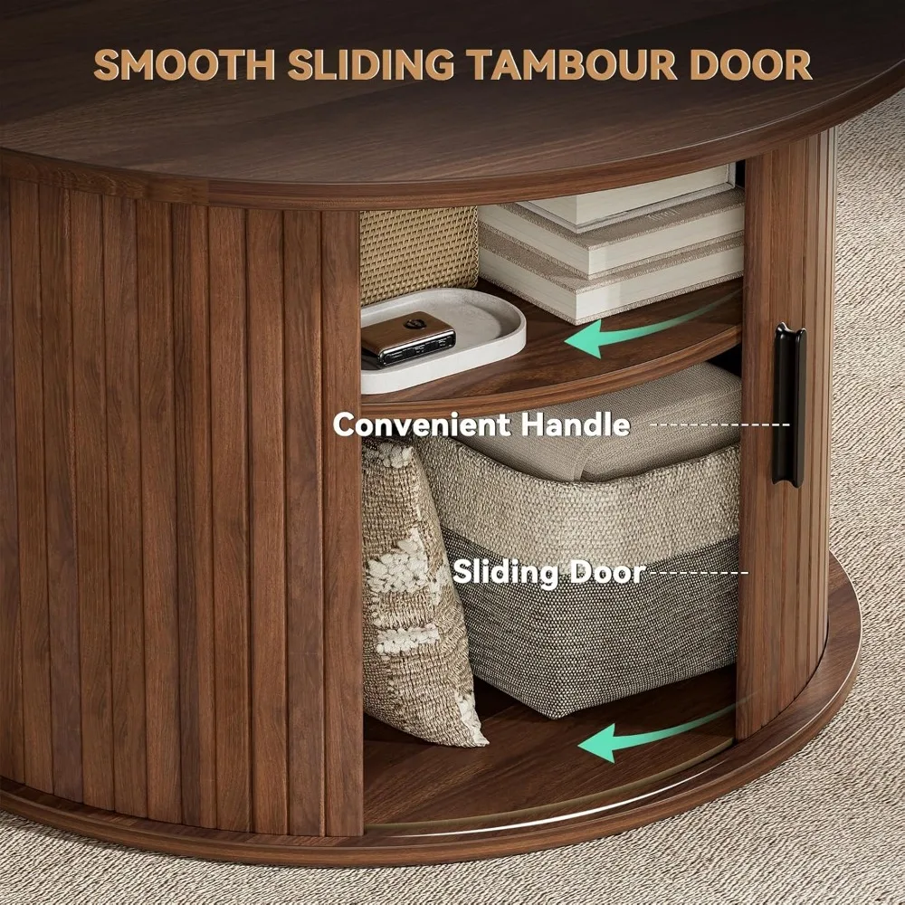 طاولة قهوة ذات رفع دائري، طاولة قهوة خشبية مخفية مع مساحة تخزين مخفية وأرفف مفتوحة، مع غطاء منزلق