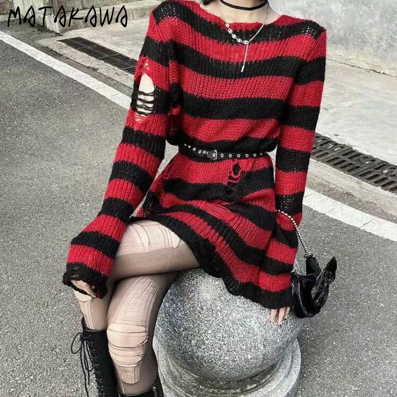 

Matakawa Y2k Punk Style Woman Sweaters Stripes Holes Spring Autumn Hollow Out Pullovers Fashion Harajuku Gothic Pull Femme